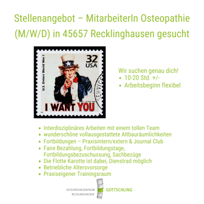 Bild der Kleinanzeige MitarbeiterIn Osteopathie (M/W/D) in 45657 Recklinghausen gesucht (10-20Std+/-)